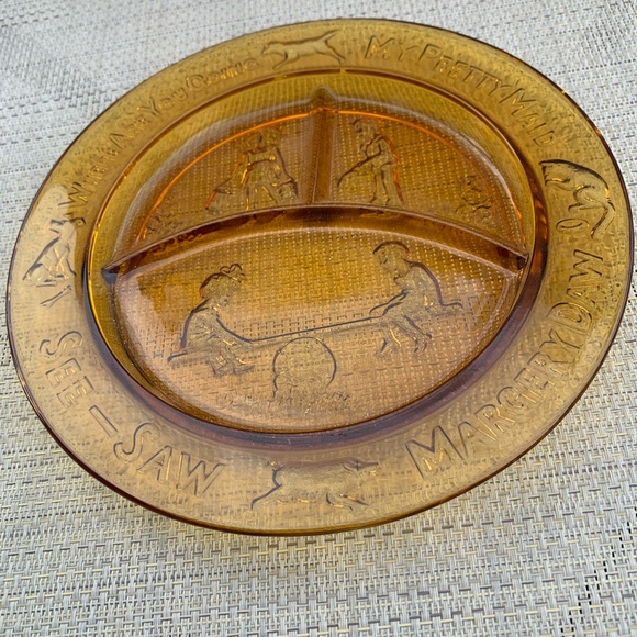 Indiana Glass Other - Vintage “Margery Daw” Amber Pressed Glass Child’s Divided Plate Indiana Glass